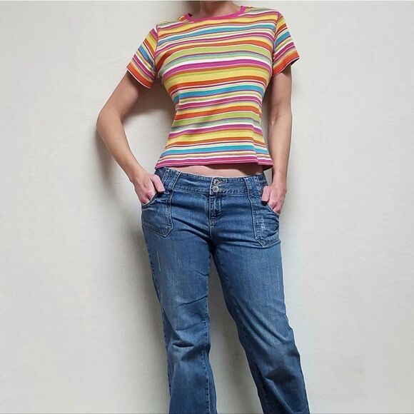 VINTAGE 90s Y2K Sag Harbor Rainbow Striped Short Sleeve Cropped Tee T-shirt S - Picture 2 of 12